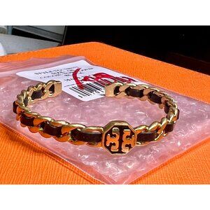 Tory Burch Marion Woven Gold and Black Leather Bracelet